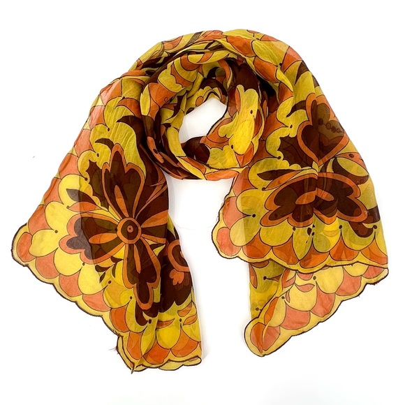Vintage 1960s Stylized Floral Rectangular Chiffon Head Scarf w/Scalloped Edges - Picture 1 of 7